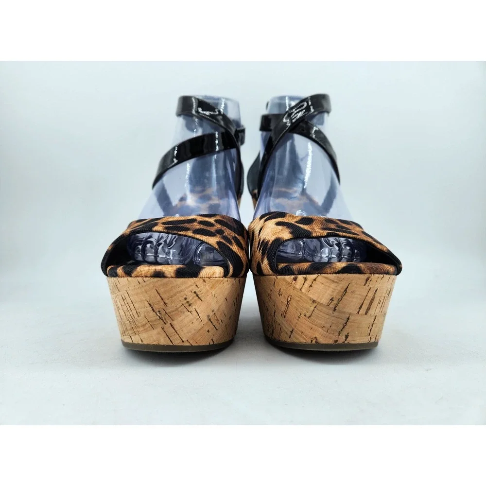 Guess Platform Wedge Sandals Womens 8M Brown Leopard Print Patent Cork Strappy